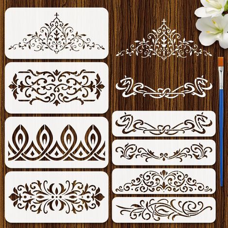 8Pcs Pochoir à Motifs Décoratifs Art Nouveau Avec Pinceau Pochoirs de Bordure D'Angle 30x15Cm/30x7.5cm Pochoir de Fleur Modèle de Pochoirs Décoratif DIY pour Peinture Murale Toile Bois (1/5)