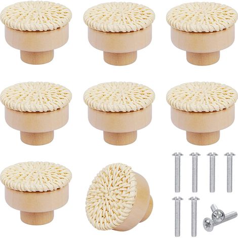 Lot de 8 boutons de porte de placard en rotin, ronds et en bois, avec tournevis, pour meubles de cuisine, chambre ou commode. (1/5)