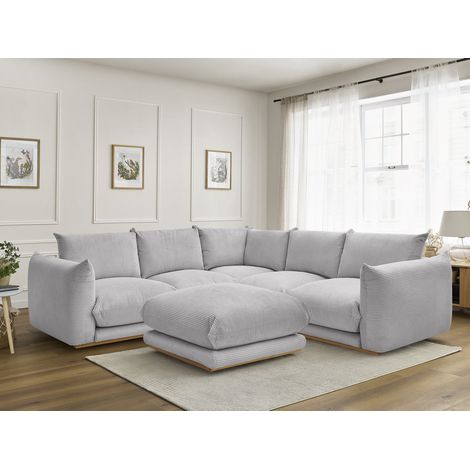 BOBOCHIC - Canapé d'angle fixe ERNEST tissu velours côtelé avec pouf Gris clair (1/5)