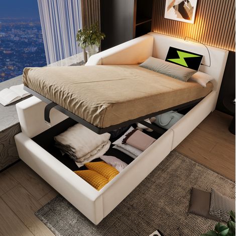 Letto contenitore 90x200 cm, letto bambino singolo con lampada da lettura e ricarica USB-C, in velluto, beige