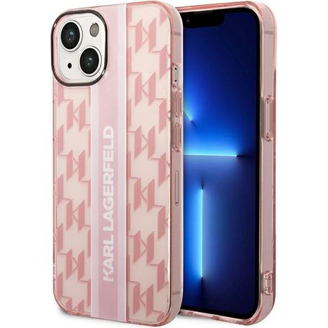 Funda Karl Lagerfeld para iPhone 14 Plus con rayas verticales monocromáticas en color rosa. (1/5)