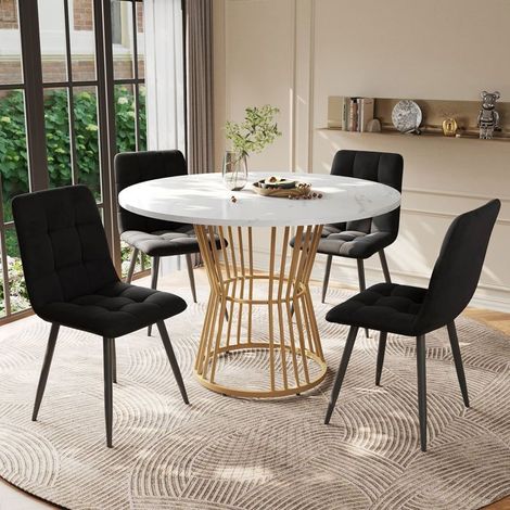 Ensemble Table et Chaises diamètre 100 cm 4 Chaises plateau blanc en MDF piètement métal doré chaises en velours noir (1/5)