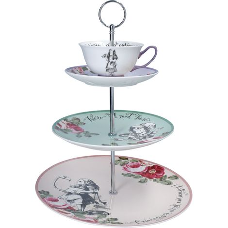 Mikasa and the V&A - Soporte para tartas de 3 niveles, soporte para té de la tarde con taza de té, té de Alicia en el país de las maravillas, porcelana de hueso, apto para lavavajillas y en caja de