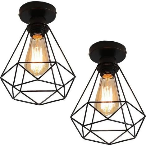U-Do 2Pcs Plafonnier Cage forme Diamant en Fer Noir design Vintage E27 40W (1/4)