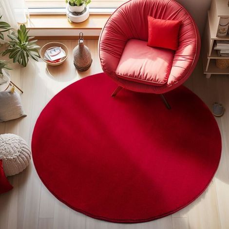 Carpetsale24 Tapis salon 160 cm Rond Rouge Uni moderne et moelleux à poil court, avec sous-couche antidérapante, lavable (1/5)