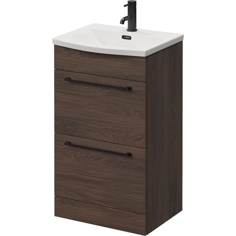 Napoli 390 Brown Oak 500mm 2 Drawer Vanity Unit with Arc Basin - 500mm - Matt Black 320mm Handle