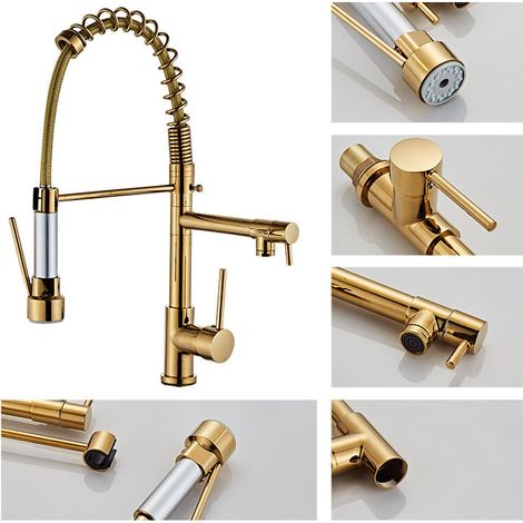 Robinet Cuisine avec Douchette Extensible Noir Robinetterie évier 360Ḟ Pivotant Ressort en Spirale Mitigeur Cuisine , Mitigeur Monocommande Evier Froide et Chaud Disponible or (1/5)