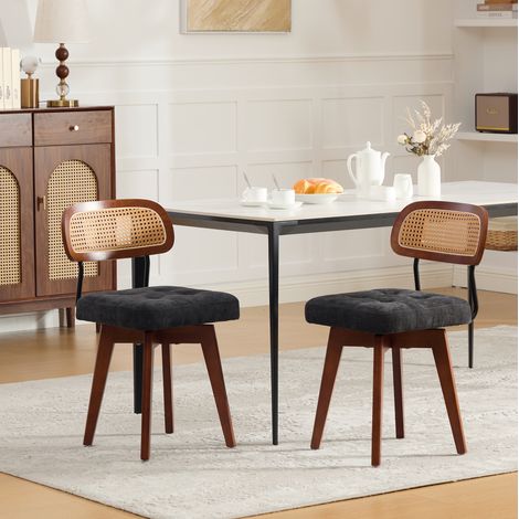 Set di 2 sedie da pranzo girevoli a 360° in ciniglia nera con schienale in rattan intrecciato OKWISH (1/5)