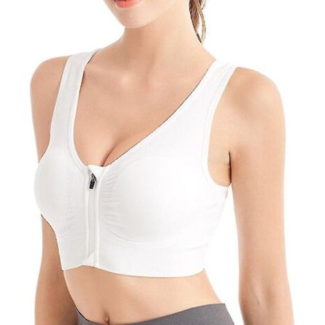 Atmungsaktiver Sport-BH mit Frontreißverschluss, ohne Bügel und stoßdämpfend, ideal zum Laufen, Yoga und für andere Sportarten für Frauen – Größe L – Weiß (1/5)