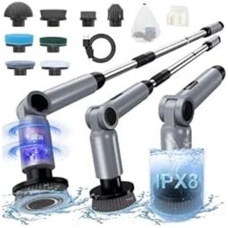 Brosse Nettoyage Electrique, [IPX8 Imperméable] Rotative Nettoyage,Conception Pliant, avec Tige TéLescopique et 8 TêTes de Accessoires pour Salle De Bain,Voiture,Fenêtre,Douche Gris+noir - (1/5)