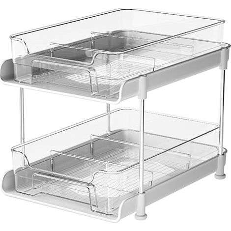 Organisateur d'armoire de salle de bain polyvalent à 2 niveaux, organisateurs et rangements coulissants sous l'évier, organisation et rangement de garde-manger empilables, rangement transparent sous l (1/5)