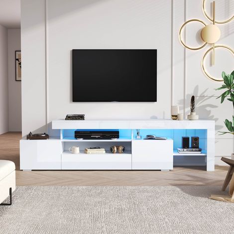 Meuble TV blanc 192 x 37 x 53 cm Meuble TV avec LED, 3 armoires et Compartiments de rangement ouverts, pour téléviseurs 85 pouces (1/5)