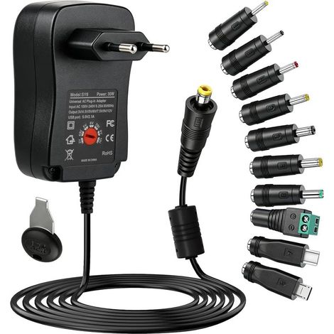 30W Chargeur Universel AC/DC 220-230V Adaptateur Secteur USB 3V-12V, Alimentation Multi-Tension avec 10 Embouts pour PC Portable, Routeur, Bande LED et Electronique Domestique (1/5)
