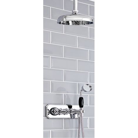 Milano Elizabeth 2 Outlet Twin Diverter Thermostatic Mixer Shower Valve with 200mm Rainfall Shower Head Hand Shower and Hose - Chrome & Black (Ceiling Mounted Head) (1/5)