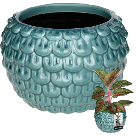 KOTARBAU® Künstlerischer Blumentopf 17 cm, türkisfarbener Deckel, Vintage-Keramik, handgefertigt, für Blumen und Kräuter