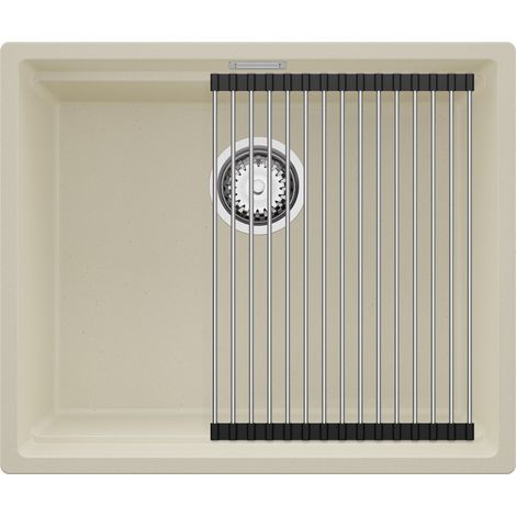 PRIMAGRAN Evier Cuisine en Granit 56x47cm,Lavabo 1 bac + Kit de Vidage + Égouttoir Enroulable, Évier à Encastrer au meuble 60cm - Prague Slim, Beige (1/5)