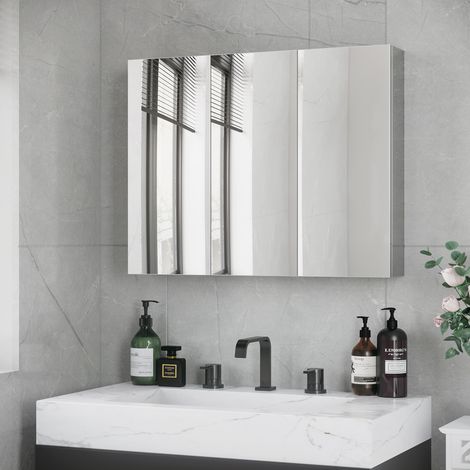Armoire de toilette murale 3 portes miroir, acier inoxydable, 70x12x55 cm, argent DESVIAE (1/5)