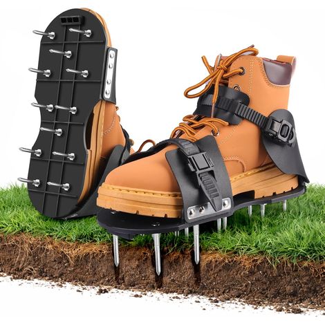 Scarpe arieggiatrici per prato Pro, arieggiatore per prato con doppie cinghie regolabili, punte zincate da 45 mm, punte di ricambio, scarpe scarificatrici per prato, massetto, giardino (1/5)
