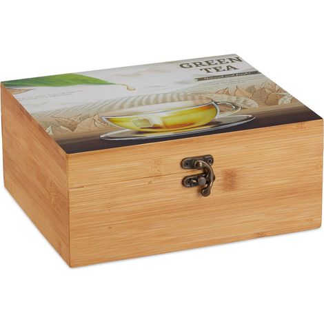 Boîte à thé moderne 6 compartiments rangement pratique motif 30 x 20 x 10 cm en bambou naturel (1/5)