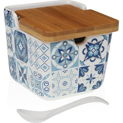 VERSA azucarero + cuchara porcelana azurita 8.8x8.8x8.5 cm , Azucarero Azurita de cerámica, un accesorio funcional y decorativo que aporta un elegante estilo mediterráneo a tu coci
