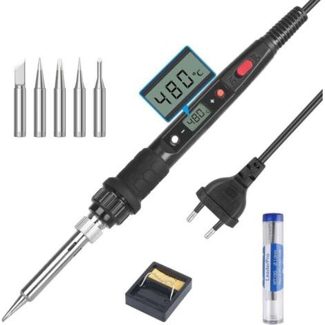 Fer à Souder électrique 80W Kit de Soudure Température Réglable 180℃480℃ Visible avec l'Interrupteur ON/OFF, 5 Pointes de Rechange pour Réparation Soudage Brasage Quotidiens (1/5)