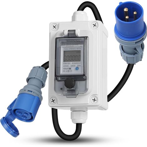 Compteur Electrique Numérique Mobile avec Fiche CEE 230V IP67 Wattmetre Mobile Extérieur KWH Wattmetre Prise avec LED/Réinitialisation, Prise Compteur D'énergie (1/5)
