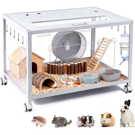 Grande cage pour hamster 80 x 50 x 55 cm, avec roulettes, en métal solide, pour gerbille, hamster doré, hamster nain, souris, enclos amovible, en acrylique, blanche (1/5)