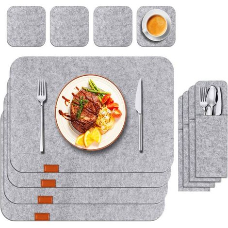 Sets de table en feutre avec dessous de verre et pochettes à couverts, lavables, résistants à la chaleur, adaptés aux tables, aux fêtes et aux restaurants. (1/5)