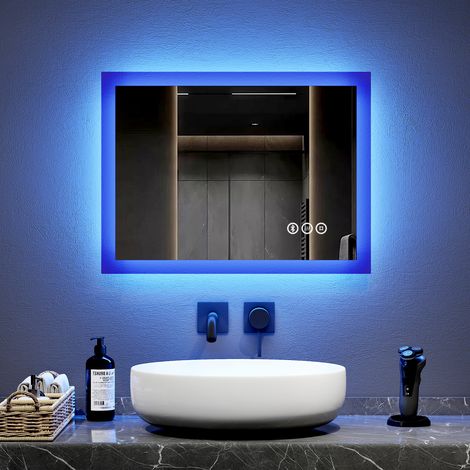 EMKE Bluetooth Mirror with Blue LED Lights 45X60cm Dimmable Illuminated Bathroom Mirror with Shaver Socket, Demister Pad (1/5)