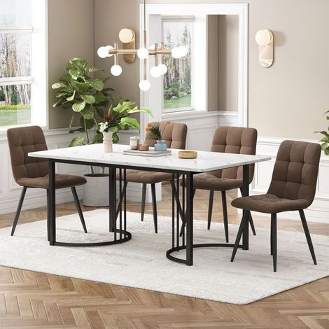 Ensemble Table et Chaises 140 x 80 cm 4 chaises plateau blanc en MDF pieds métal noir chaises en velours marron (1/5)