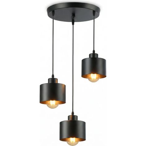 Suspension à 3 lumières, noire, culot E27, métal – Lampe suspendue ronde moderne pour salle à manger et cuisine, design industriel, hauteur réglable