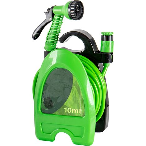 Tubo Irrigazione con Supporto Avvolgitubo e Pistola Multifunzione 10 m / 15 m Kit Irrigazione Compatto da Giardino con Raccordi 10 Metri (1/5)