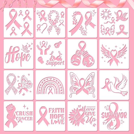 16 Pochoir Ruban Octobre Rose Accessoires, Plastique Réutilisable Pochoirs pour Peinture Ruban Rose Decoration Octobre Rose Pochoir Peinture Pochoir Enfant Sensibilisation au Cancer du Sein (1/5)