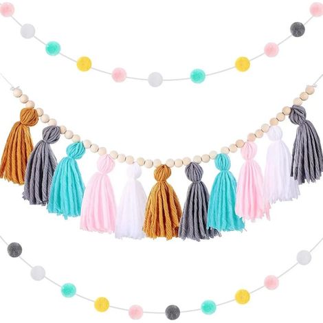 Couronne de pompons bohème, perles de bois et décorations de boules aux couleurs western (couleurs simples) (1/4)