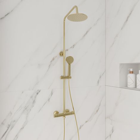 Round Brushed Brass Thermostatic Shower Kit with Fixed Head and Handset