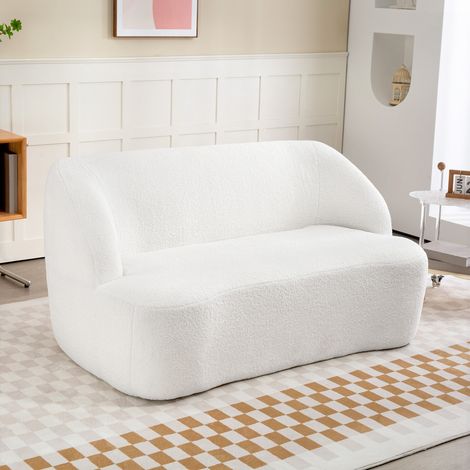 Sofá de 2 Plazas Tapizado en Borreguito de 142 cm con Diseño Curvo Acolchado Grueso No Requiere Montaje Crema (1/5)