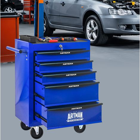 Carro de herramientas móvil de acero de 5 cajones, con ruedas y cerradura, negro y azul HAVRYA (1/5)