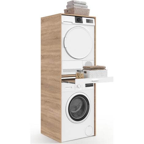 Wäscheunterschrank für Waschmaschine und Wäschetrockner WALLIS mit ausziehbarer Ablage für Wäschekorb, Holz und Weiß (1/5)