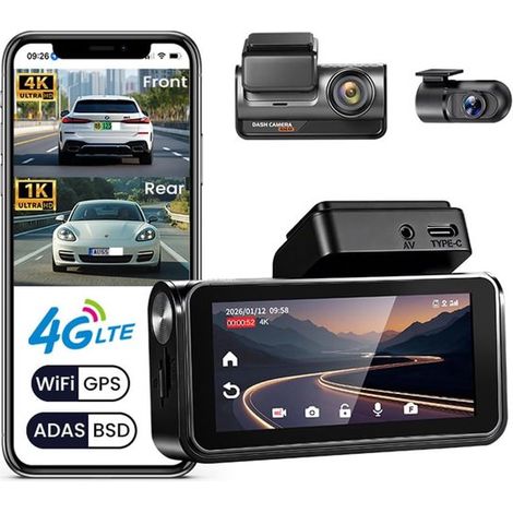 Cámara de coche 4G LTE 4K integrada，con ADAS BSD DVR para coche，Compatible con control por aplicación vía Wi-Fi，con grabadora de vídeo GPS (1/2)