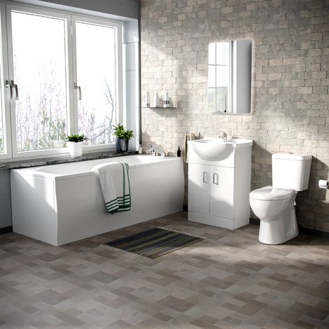 Memphis  FP 3-Piece Bathroom Suite White - Close Coupled Toilet, 550mm Basin Vanity Unit and Round Bath Tub + Panels (1/5)
