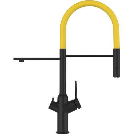 Rubinetto 3 vie miscelatore cucina Nero Opaco con canale separato per acqua filtrata, canna gialla movibile e doccia due getti staccabile - serie BOD (1/5)