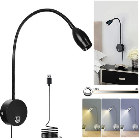 Lampe de lecture d'intérieur LED noire, applique murale de chevet avec interrupteur, 3 modes de couleur, veilleuse tactile à intensité variable pour chambre et salon (1/5)