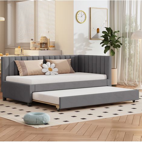 Canape convertible 90x200 en velours gris HAVRYA (1/5)
