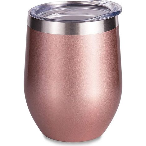 Gobelet isotherme à vin avec couvercle, couleur or rose, tasse à café isotherme sans pied en acier inoxydable à double paroi de 35 cl. (1/5)