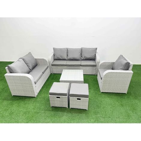 Fimous Patio PE Wicker 8 Seater Outdoor Rattan Furniture Sofa Sets with Square Coffee Table Reclining Chair Loveseat Sofa 3 Seater Sofa Stool Light Grey (1/4)