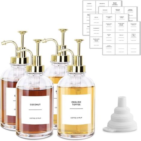 Set di dispenser per sciroppo da caffè, 4 flaconi da 500 ml con pompa, etichette incluse. Ideale per bar, per organizzare sciroppi e per la cucina. (1/5)