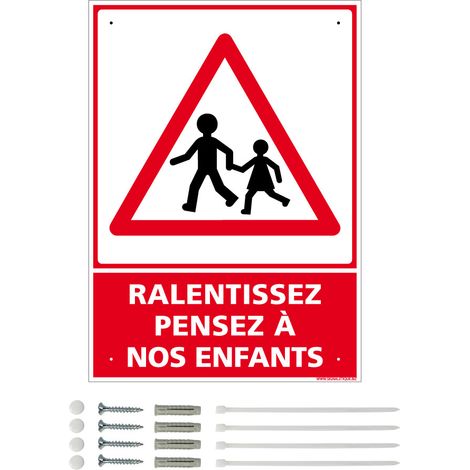 Panneau de signalisation prépercé PVC ou ALU rectangulaire + kit de fixation - Ralentissez, pensez à nos enfants - ALU 2 mm - 300 x 420 mm