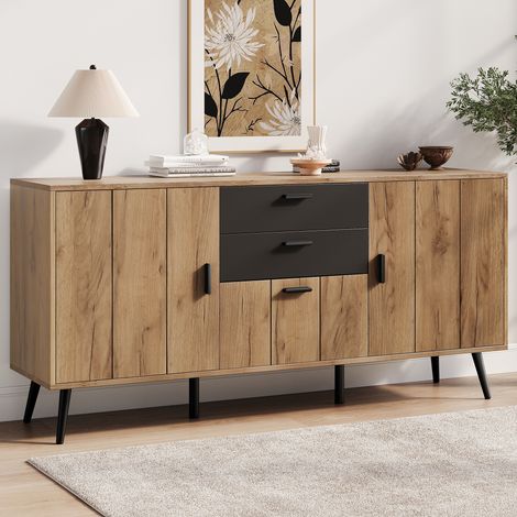 Buffet de Rangement Meuble Cuisine Salon 2 Tiroirs 3 Portes 7 Compartiments MDF Aspect Bois et Noir 140x35x67 cm (1/5)