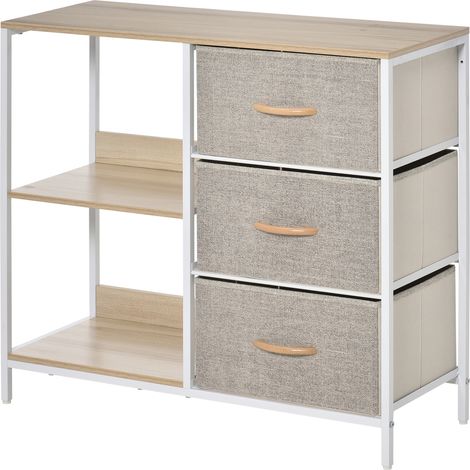 Commode meuble de rangement avec 3 tiroirs en tissu amovibles, 2 étagères et 1 grand plateau 80 x 29 x 71 cm beige (1/5)