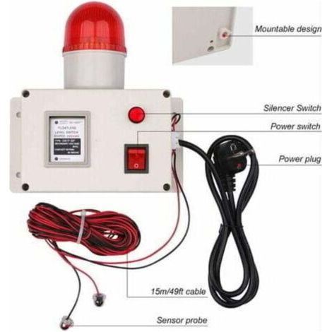 Alarme de niveau d'eau, longueur de câble 15 m, 90 dB, avec interrupteur silencieux (1/2)